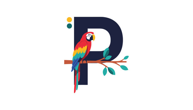 A colorful parrot sitting on a large letter P illustration