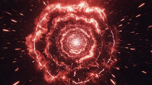 A vibrant red explosion occurs in space with swirling light