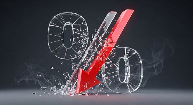 Dramatic retail price reduction concept featuring shattered percentage sign and downward falling red arrow symbolizing financial crash, economic downturn, or massive seasonal clearance sale event.
