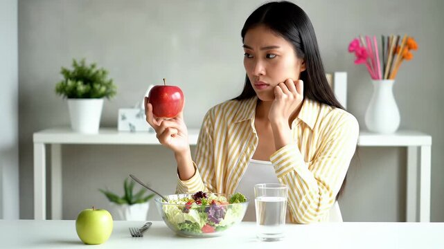 Woman Contemplating Healthy Eating Choices with Apple and Salad.