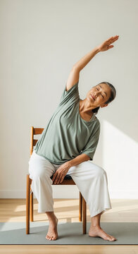 An elderly woman is stretching her arm while sitting on a chair indoors.