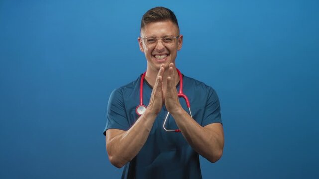 Man doctor wearing scrubs and stethoscope claps hands with closed eyes in studio blue backdrop; optimism care.