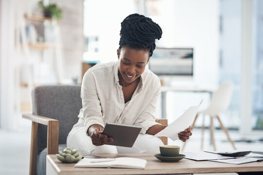 Reading, tablet and businesswoman with paperwork in office, research and happy for savings on taxes Wealth manager, online and black person with smile for investment, report or multitasking with tech
