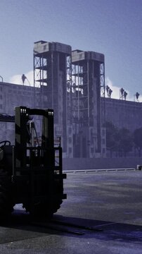 A forklift stands in the foreground on a construction site. Behind it, tall industrial buildings tower against a clear sky. The scene shows early morning light on the area.