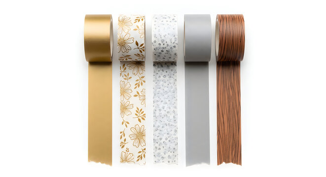Five decorative washi tapes with different patterns and colors