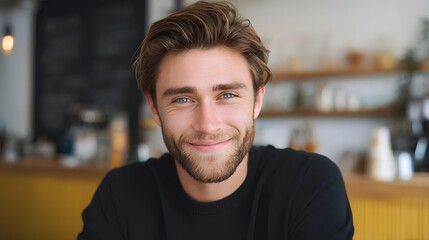 Obraz premium A confident young man smiles warmly while sitting in a stylish modern indoor cafe setting