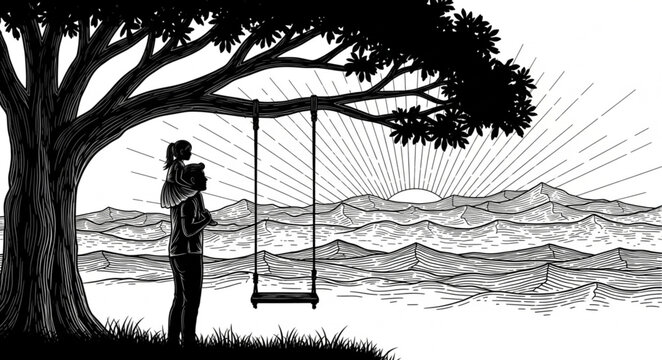 Silhouette couple embracing under tree swing.