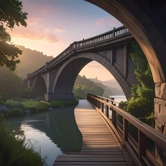 Fototapeta premium A serene river flows beneath a stone arch bridge at sunset, framed by lush greenery and a wooden walkway