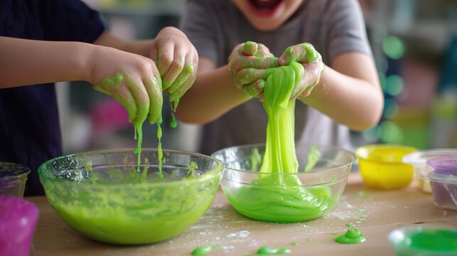 sensory play activity, two kids joyfully stretch glowing green slime with messy hands