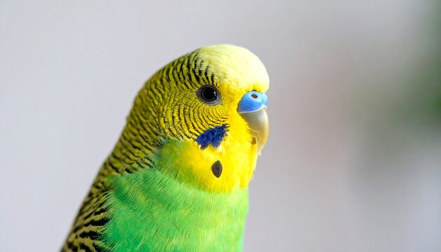 Green & yellow parakeet portrait. Bright plumage close-up. Blue cere visible. Simple background