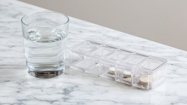 minimalist storage solution, a clear acrylic pill organizer with seven sections on a white marble countertop
