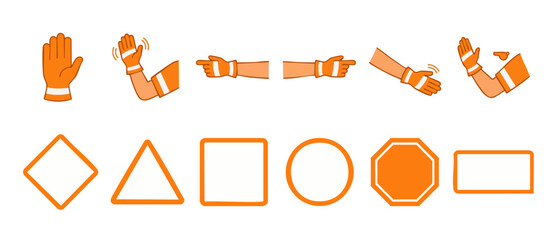 Traffic Controller Hand Gestures and Road Signs Set, Cartoon Orange Safety Uniform Arm Signals and Geometric Warning Frames for Construction Work Zone Management and Manual Transportation Directing In © Fernando