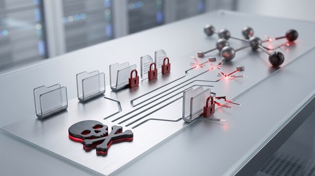 Cybersecurity threat concept with skull and crossbones, locked files, and network nodes