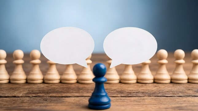 A blue chess pawn stands out among white pawns with speech bubbles on a wooden board.