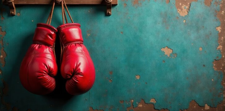 Worn leather boxing gloves, hanging nail, rustic wall , grunge, weathered