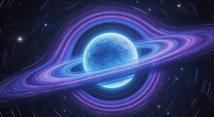 Obraz premium Digital illustration of a blue planet with glowing purple rings in a star-filled cosmic space. Depicts cosmic wonder and astrophysical concepts, ideal for science and astronomy themes.