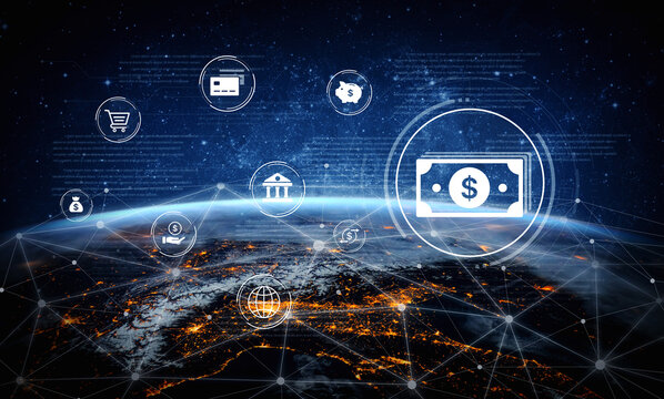 A fintech concept showing a network of digital banking services. This includes secure online payments, global transactions, and e-commerce for the modern financial system. Fermion