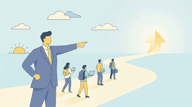 Businessman pointing at the ocean horizon.