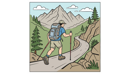 Obraz premium Hiker walking on a winding mountain trail with a backpack and trekking poles