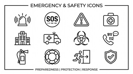 Fototapeta premium Minimalist line icons in a grid, symbolizing emergency preparedness and safety: sirens, SOS, warning signs, first aid kits, hospitals, ambulances, biohazards, and shields.