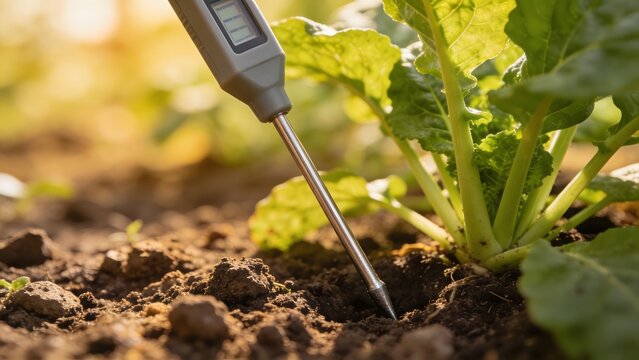Digital soil thermometer measuring temperature in a vegetable garden for smart farming
