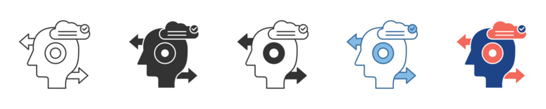 Dynamic icon set illustrating the human mind's interaction with cloud-based information, symbolizing brainstorming, knowledge acquisition, and digital processing for innovation and strategic thinking