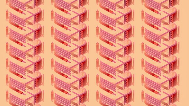 Bright 3D pattern. Red and coral splines moving rhythmically on a peach background. Isometric seamless loop creating an infinite conveyor effect for stylish and warm design