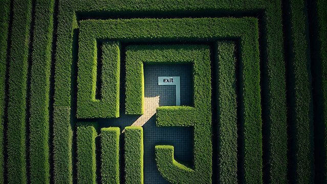 stutter. Aerial view of a hedge maze shaped like a question mark with a light symbol at its end. travel magazines, destination branding, designed for outdoor magazines and nature guides.