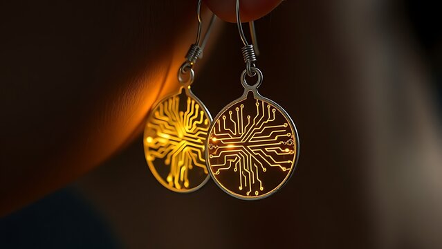 materialization. Elegant minimalist earrings with glowing embedded circuit pattern, fusion of fashion and technology. symbolizing technological progress and responsible innovation.