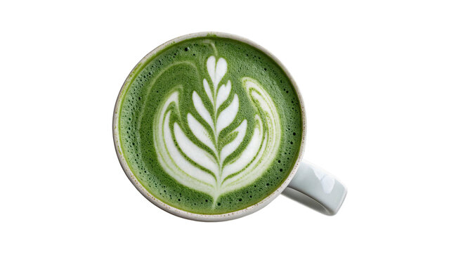 Matcha latte with leaf design in white foam in a white cup isolated on transparent background cut out
