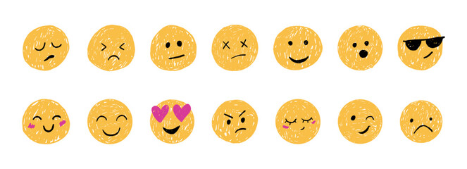 Smiling face crayon chalk emotion set. Happy angry avatar sketches. Childlike charcoal stickers, smile expression emoji face doodle. © Alyona
