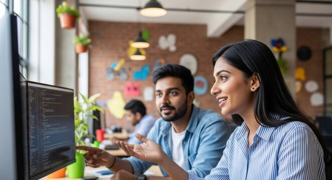 Professional Indian software programmers working together on computer