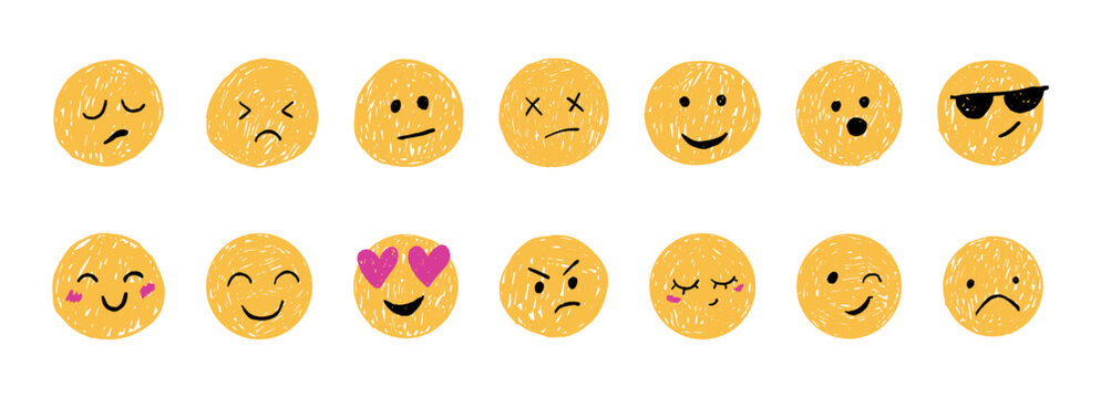 Smiling face crayon chalk emotion set. Happy angry avatar sketches. Childlike charcoal stickers, smile expression emoji face doodle.