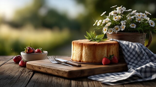 angel food cake on rustic wooden board, countryside picnic setting, checkered cloth, fresh fruits, meadow flowers