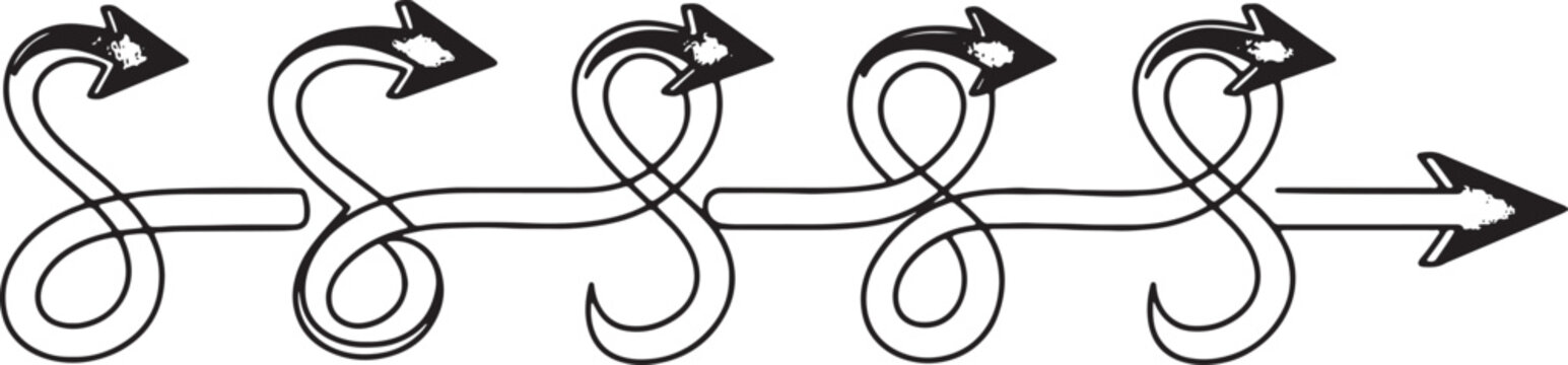 Horizontal sequence of spiral loop arrows with grunge texture and pointed heads for workflow progression timeline and cyclic movement illustrations.