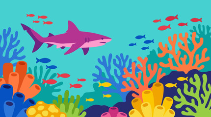 Vibrant underwater scene with shark and coral reef. © Abhinaya Project