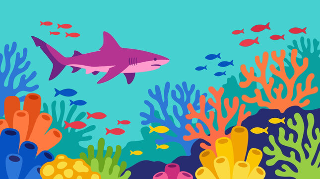 Vibrant underwater scene with shark and coral reef.