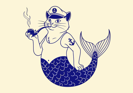 Whimsical Sailor Cat Mermaid Illustration - Vintage Nautical Mercat Captain with Smoking Pipe and Anchor Tattoo
