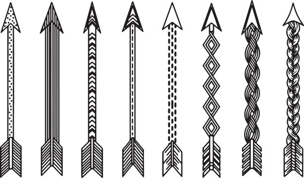 Set of eight decorative vertical tribal arrows featuring different geometric patterns braided shafts and patterned fletching for ethnic art designs.
