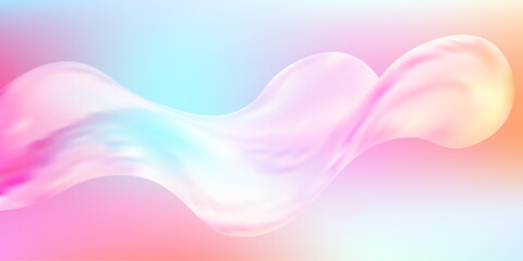 Obraz premium Abstract 3D glass waves with holographic pink gradients create a futuristic fluid background. Iridescent pastel ribbons flow in glossy transparent motion with rainbow light effects.