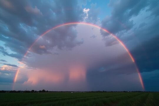 Pastel rainbow arcing across a menacing grey thunderhead at dusk , light, spectacular