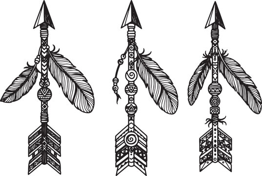 Tribal arrow collection featuring native american style illustrations with intricate patterns feathers and decorative beads for bohemian design art.
