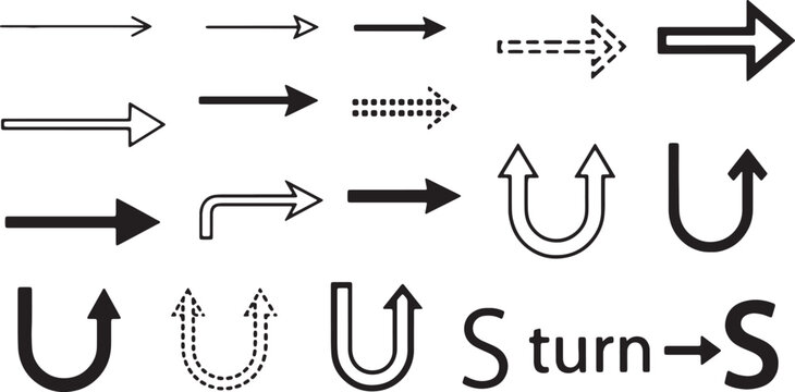 Diverse arrow graphic set including u turn signs s turn indicators straight paths and dotted line pointers for traffic and flow chart illustrations.