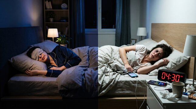 Healthy Sleep vs Sleep Deprivation Comparison with Split Bed Concept and Contrasting Lighting