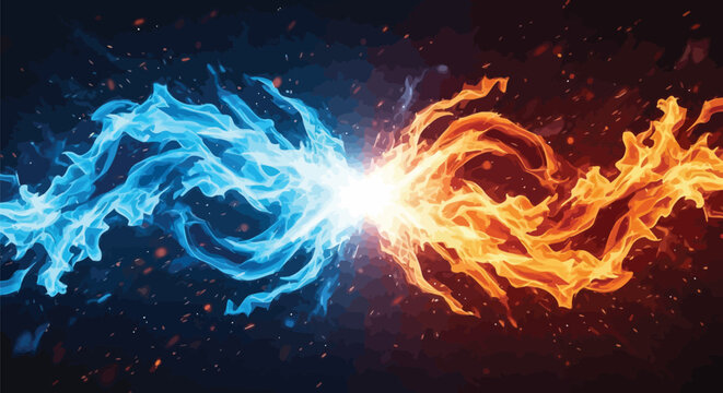Fire and ice collision, blue and orange flames