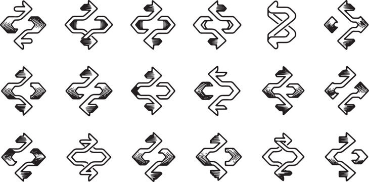 Abstract arrows with twisted and geometric shapes, interconnected lines forming unique directional symbols on transparent background.