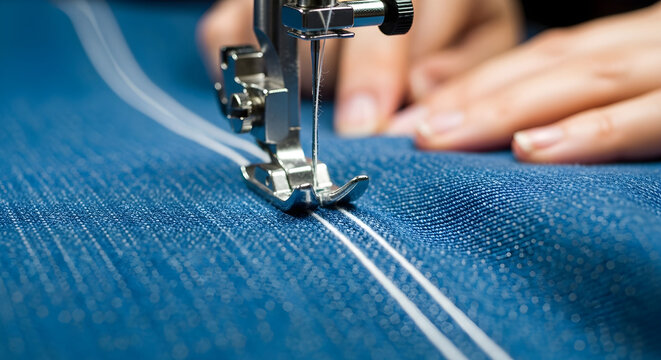 Professional sewing machine stitching blue denim fabric, close up of tailor hands working on garment, industrial textile manufacturing process