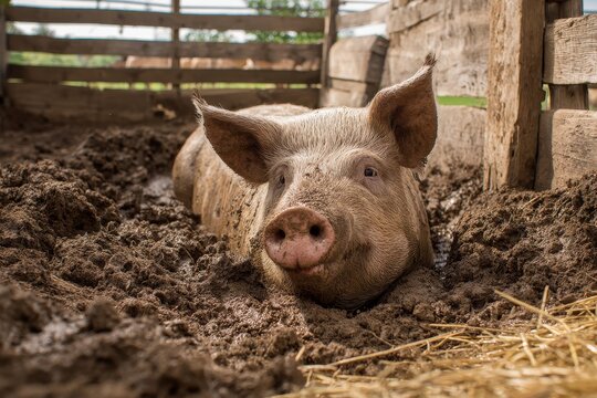 Farmyard mud bath scene featuring a content pig