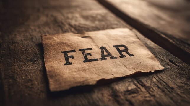 Fear word on weathered surface amid a nostalgic, out-of-focus vintage background