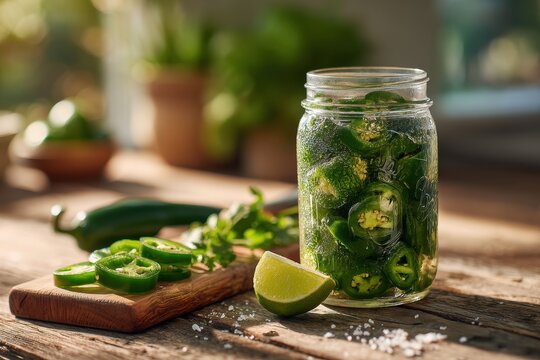 Fresh, artisanal pickled jalape&Atilde;&plusmn;os in brine presented with lime and herbs on wood